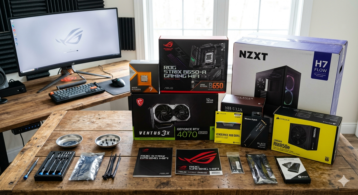 Gaming PC-komponenter i æsker og værktøj lagt klar på et skrivebord: CPU, bundkort, grafikkort, RAM, SSD, strømforsyning, kabinet og køler.