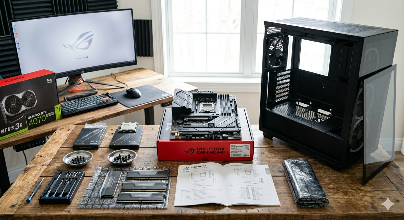 Arbejdsplads klar til PC-montering: bundkort, kabinet, RAM, SSD, manual og værktøj lagt pænt på et skrivebord.