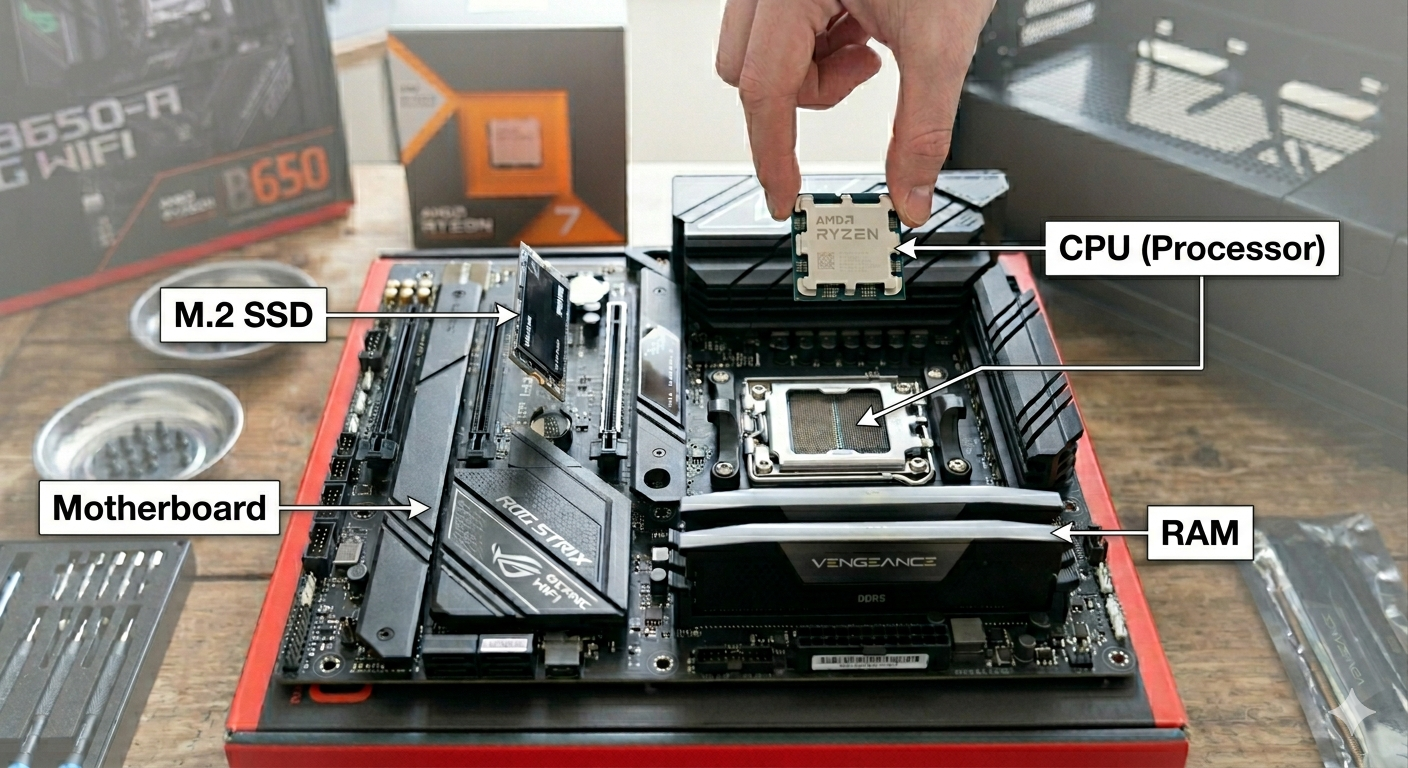 CPU, RAM og M.2 SSD monteres på bundkortet: processor over soklen, RAM i DIMM-slots og SSD i M.2-pladsen.