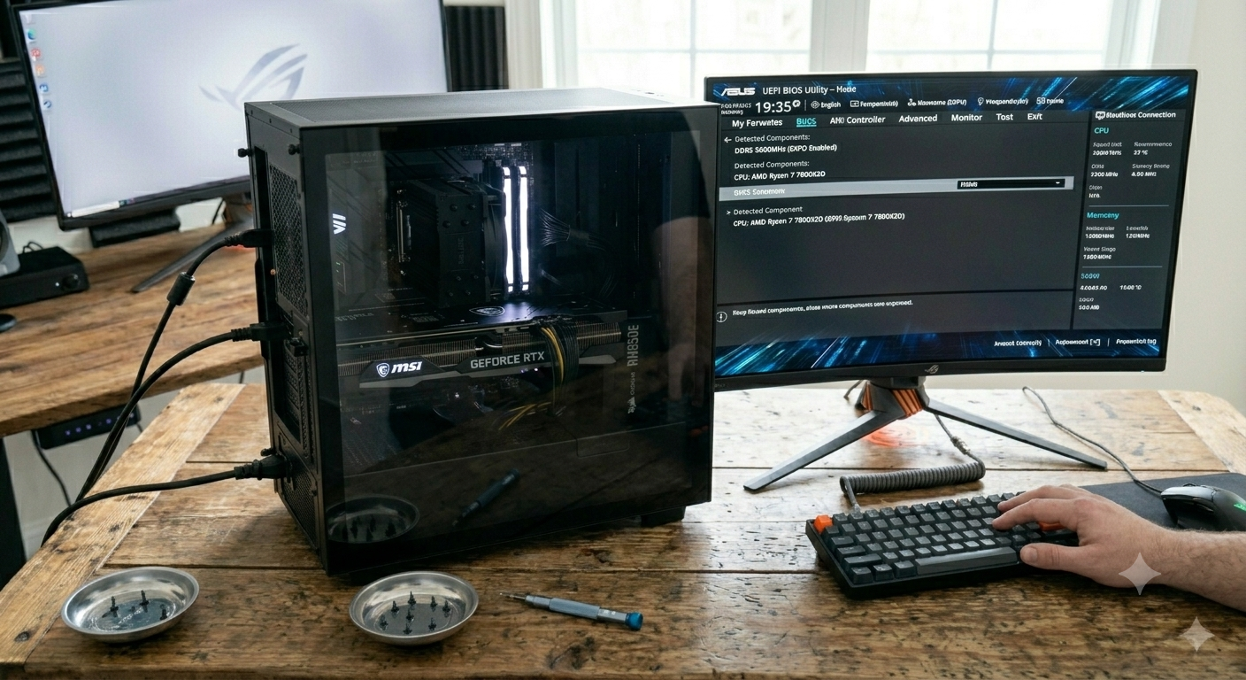 Færdigbygget PC tændt første gang med ASUS UEFI BIOS på skærmen, CPU og RAM registreret.
