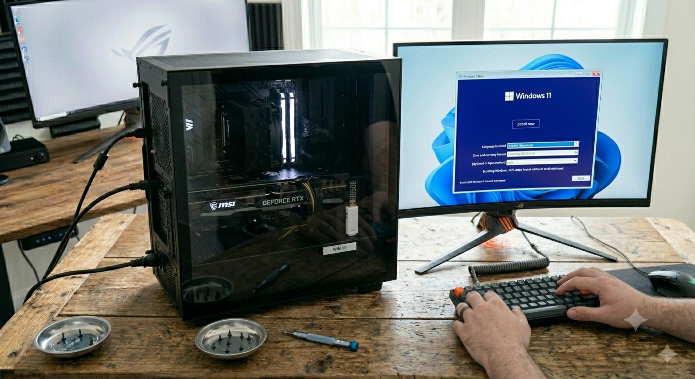 Windows 11-installation på skærmen, mens USB-nøgle er sat i den færdigbyggede PC.