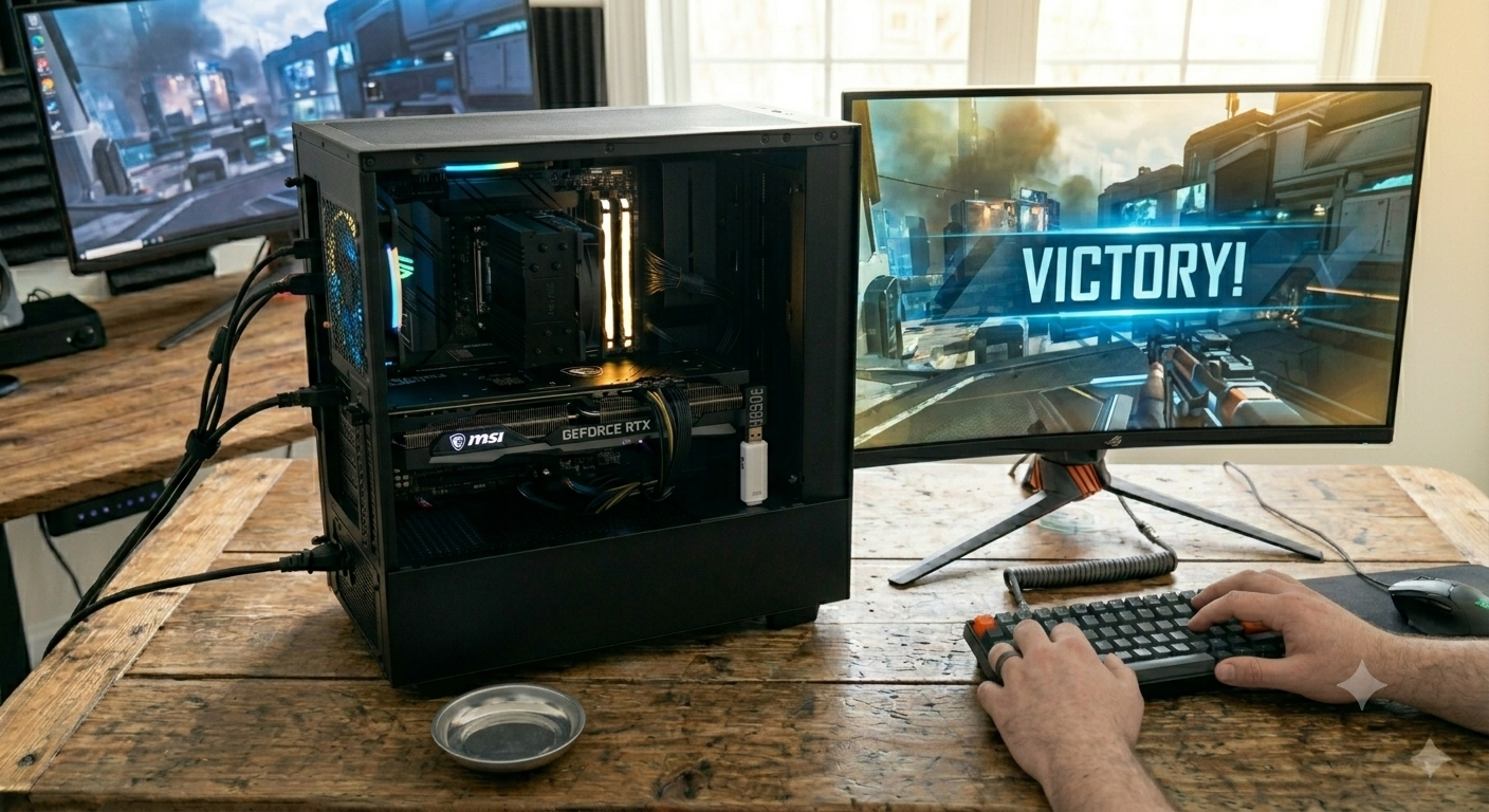 Færdig gaming PC kører et spil på skærmen som test af stabilitet og ydeevne.